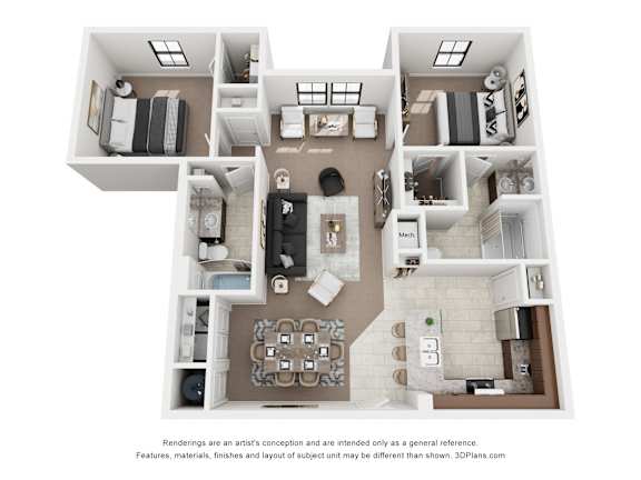 A 3D floor plan of a house with multiple rooms and furniture.
