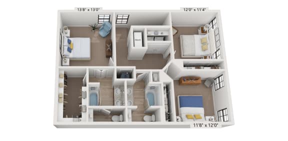 a 3d floor plan of a 2100 sq ft apartment