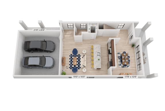 a rendering of a 1 bedroom floor plan with a car and a balcony