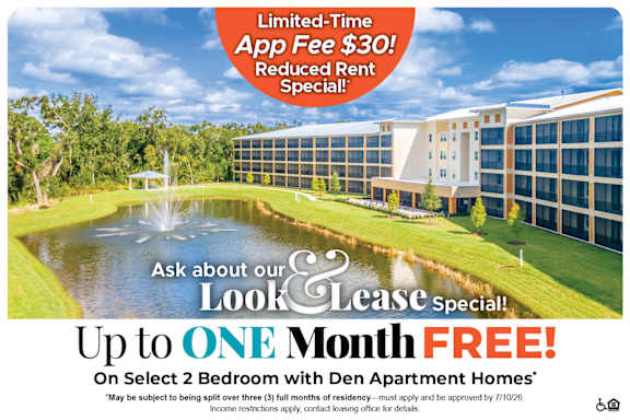 A promotional image for a lease special offering up to one month free on select 2 bedroom with den apartment homes.