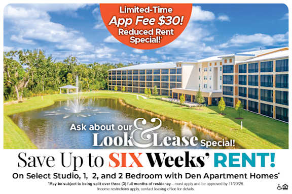A promotional image for a limited-time app fee discount and reduced rent special at Den Apartment Homes.