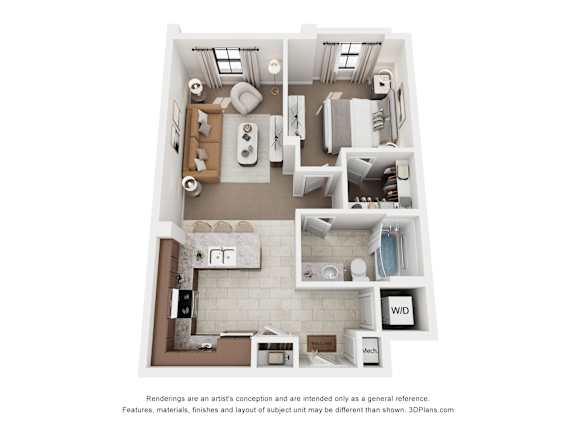 Floor Plan  A 3D floor plan of a small apartment with a kitchen, living room, and bathroom.