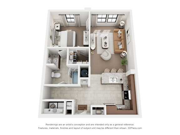 A 3D floor plan of a house with a kitchen, living room, and bathrooms.