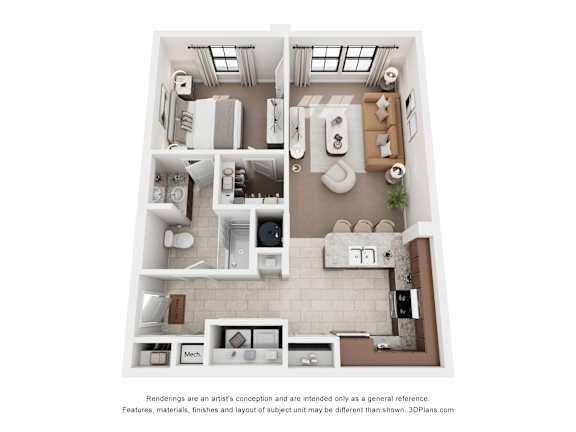 Floor Plan  A 3D floor plan of a house with a kitchen, living room, and bathrooms.