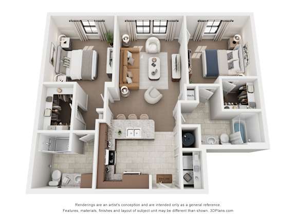 A 3D floor plan of a house with a kitchen, living room, and bedrooms.