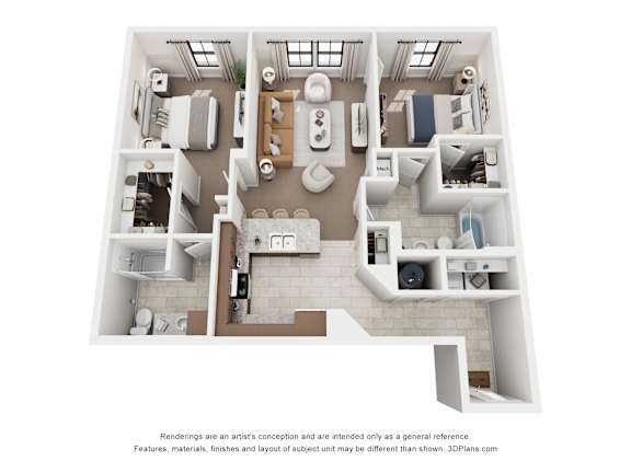 Floor Plan  A 3D floor plan of a house with a kitchen, living room, and bathroom.