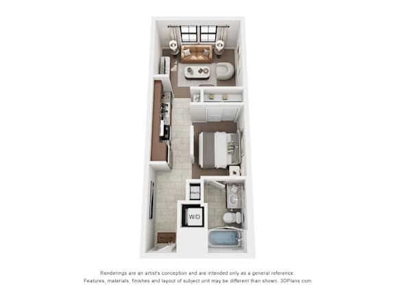 A 3D floor plan of a small apartment with a kitchen, living room, and bathroom.
