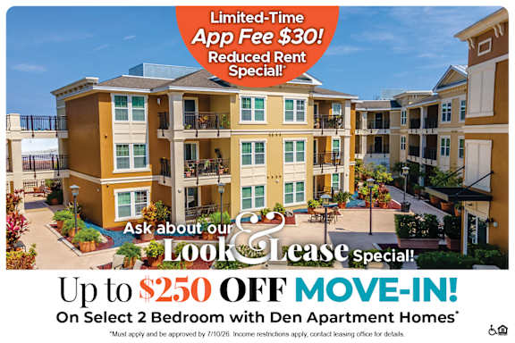 An advertisement for a limited-time app fee reduction and rent special at Den Apartment Homes.
