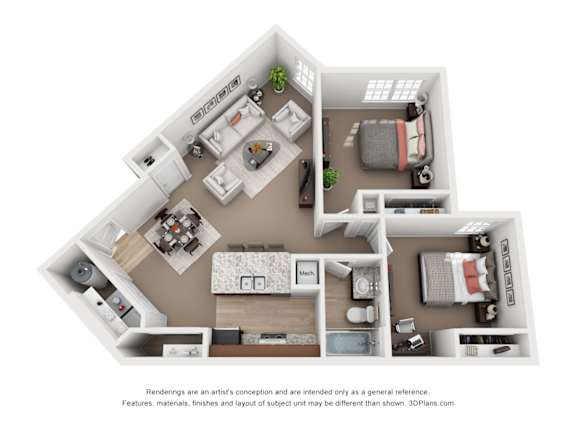 this is a 3d floor plan of a 752 square foot 1 bedroom apartment at the