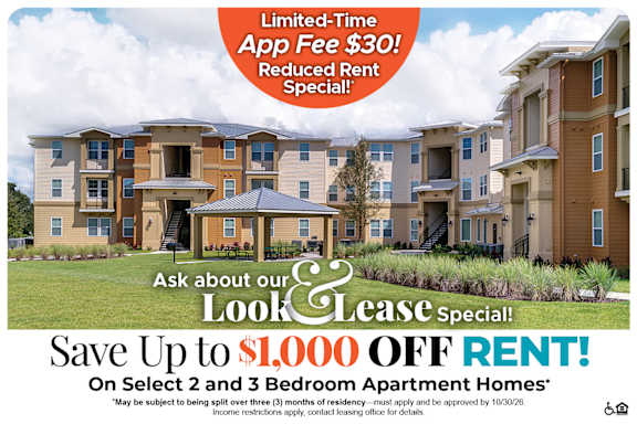 A housing advertisement offering a limited-time app fee reduction and a significant rent discount for select apartment homes.