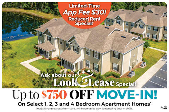 An advertisement for a limited-time app fee reduction and move-in special for apartment homes.