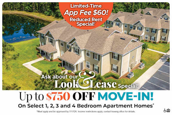 An advertisement for a limited-time app fee reduction and move-in special for apartment homes.