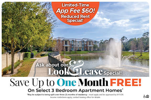 A promotional image for a lease special offering a free one month lease on select 3 bedroom apartment homes.