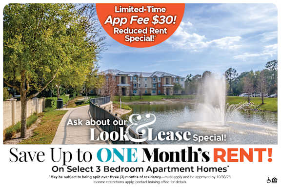 A promotional image for a lease special offering a free one month lease on select 3 bedroom apartment homes.