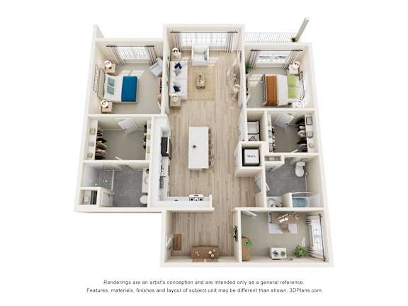 A 3D floor plan of a small apartment with a kitchen, living room, and two bedrooms.