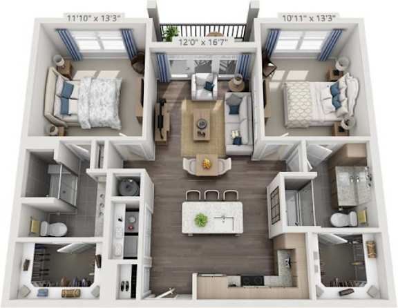 A 3D floor plan of a two-bedroom apartment with a living room, kitchen, and bathroom.