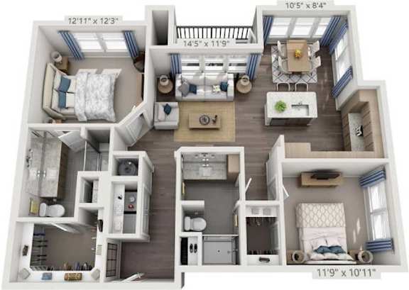 A detailed 3D floor plan of a small apartment layout.