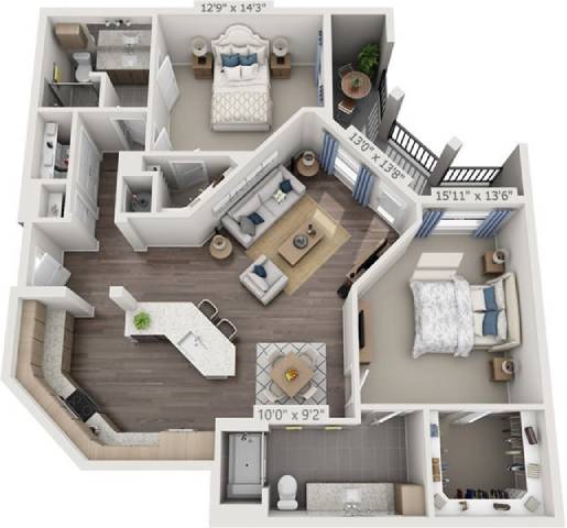 A 3D floor plan of a house with dimensions and furniture layout.