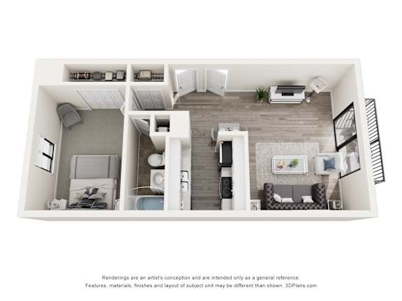 A 3D floor plan of a small apartment with a kitchen, living room, and bedrooms.