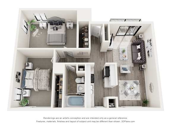 A 3D floor plan of a small apartment with a kitchen, living room, and bathroom.