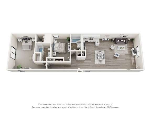 A 3D floor plan of a small apartment with a kitchen, living room, and bathroom.