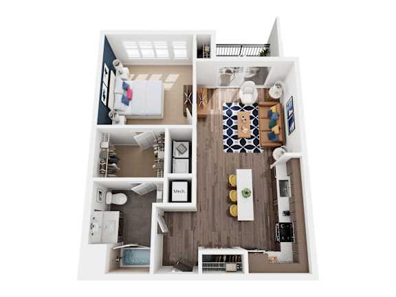 A top down view of a small apartment with a kitchen, living room, and bathroom.