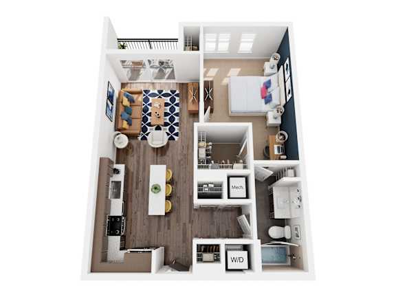A top-down view of a small apartment with a kitchen, living room, and bathroom.