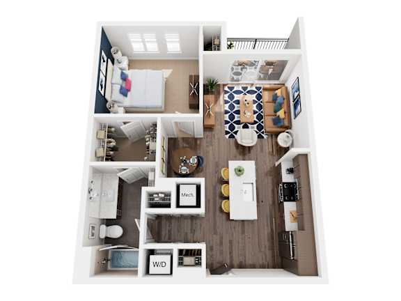 A top down view of a small apartment with a kitchen, living room, and bathroom.