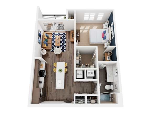 A top down view of a small apartment with a kitchen, living room, and bathroom.