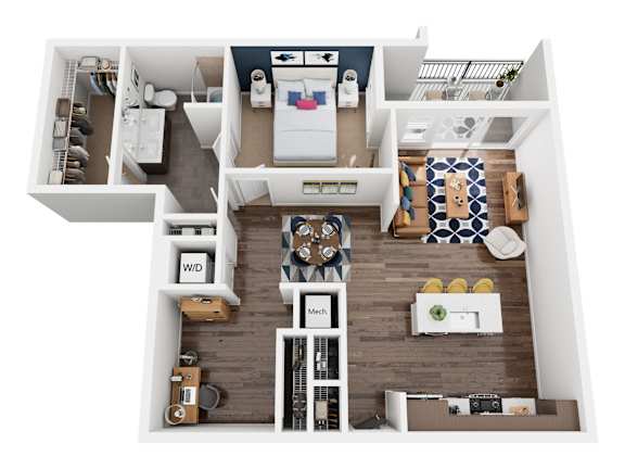 A top down view of a small apartment with a kitchen, living room, and bathroom.