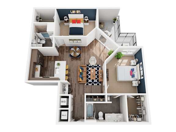 A top-down view of a house layout with a living room, kitchen, dining area, and bathrooms.