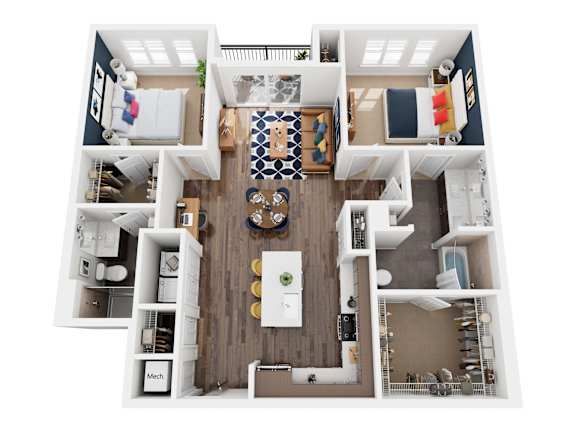 A top down view of a modern apartment with a kitchen, living room, and dining area.
