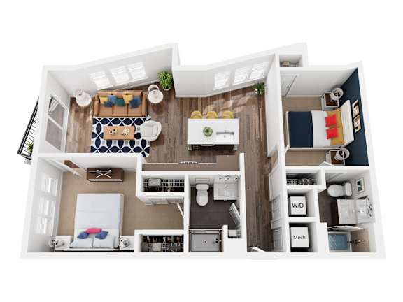 A 3D floor plan of a small apartment with a kitchen, living room, and bathroom.