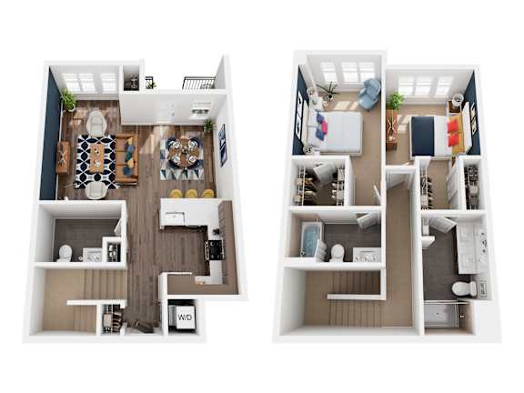 A top down view of a small apartment with a kitchen, living room, and bathroom.