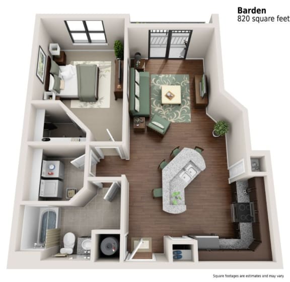 1 bedroom 1 bathroom Floor plan D at 401 Oberlin, Raleigh, NC