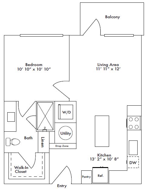 Floor plan layout of 624 sf one-bedroom apartment with a balcony.