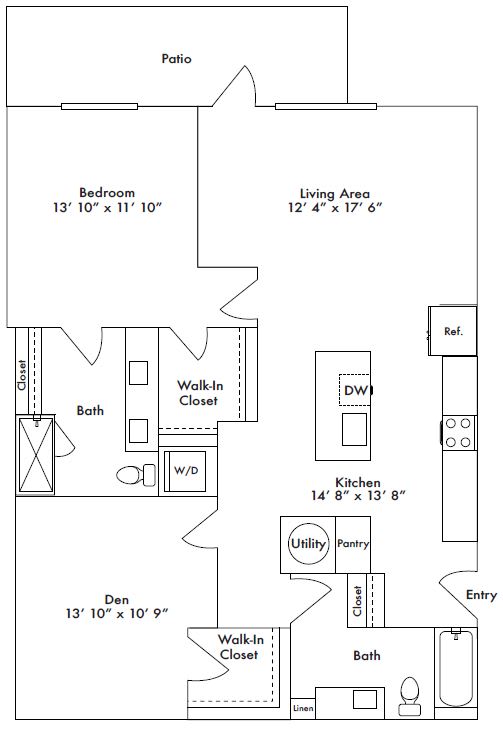 Floor plan layout of 1221 sf one-bedroom apartment with den space and a balcony.