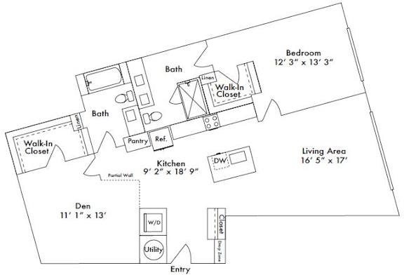 Floor plan layout of 1308 sf one-bedroom apartment with den space.