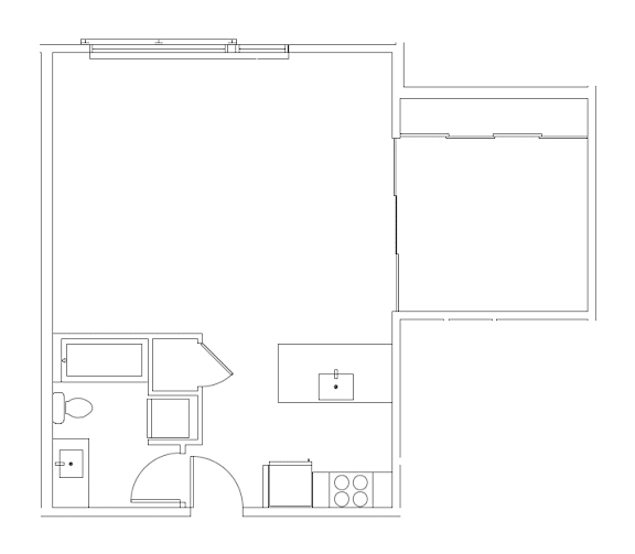 A floor plan of a house with a kitchen, living room, and two bedrooms.