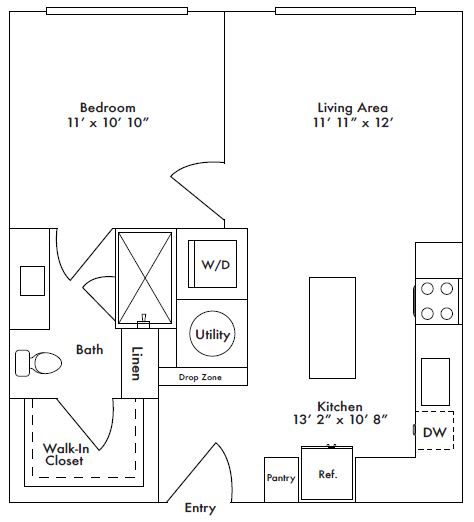 Floor plan layout of 628 sf one-bedroom apartment.
