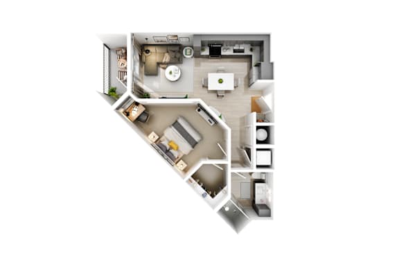 A top-down view of a house layout with a kitchen, living room, and bedrooms.