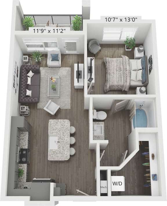 A floor plan of a small apartment with a living room, kitchen, and bedroom.