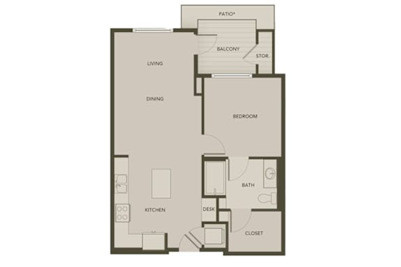 A floor plan of a house with a living room, dining room, kitchen, bedroom, bathroom, closet, and a patio.