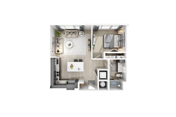 A top-down view of a small apartment with a kitchen, living room, and bathroom.