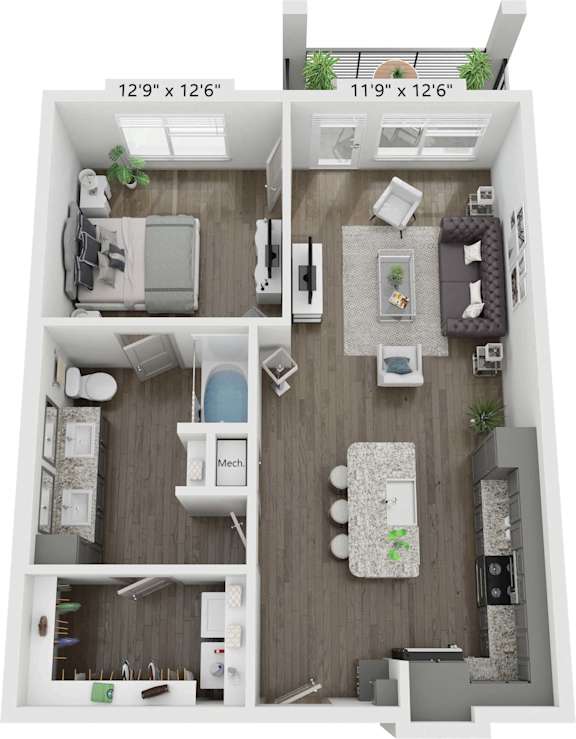 A 12'9" x 12'6" floor plan of a small apartment.