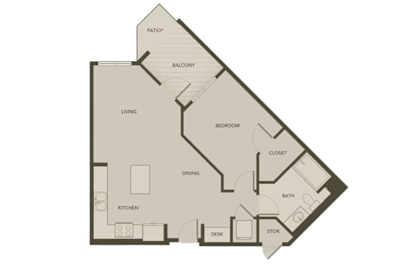 A floor plan of a house with a patio, balcony, living room, dining room, kitchen, bedroom, bathroom, closet, desk, and storage.