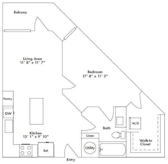 Floor plan layout of 699 sf one-bedroom apartment with a balcony.