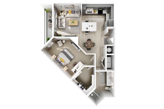 A floor plan of a house with a kitchen, living room, and two bedrooms.