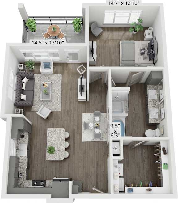 A 3D floor plan of a small apartment with a living room, kitchen, and bedroom.