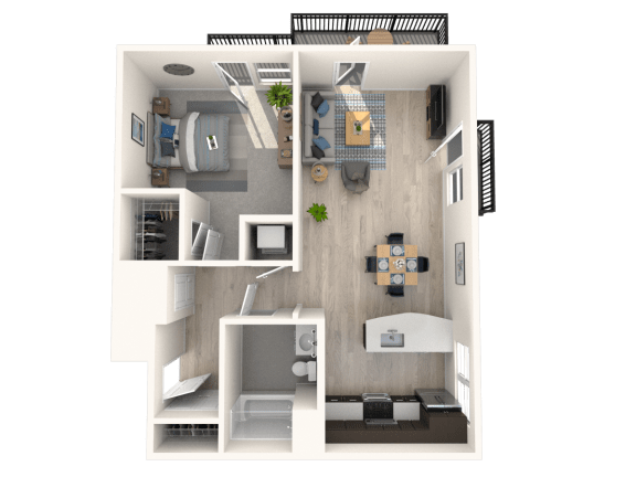 a stylized floor plan of a 1 bedroom apartment